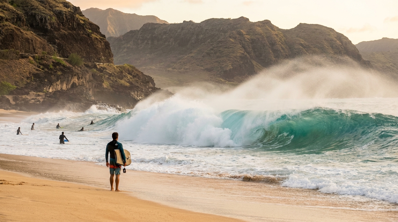 A heavy Sandy Beach shorebreak wave detonating onto shallow sand at golden hour on the southeast shore of Oahu